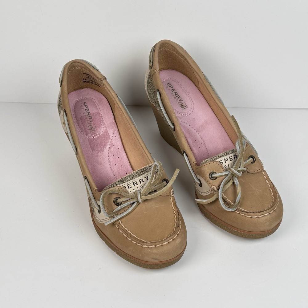 Sperry Top Sider Wedge Heel Boat Shoes Tan Leather Slip On Women 8M Yacht Beach